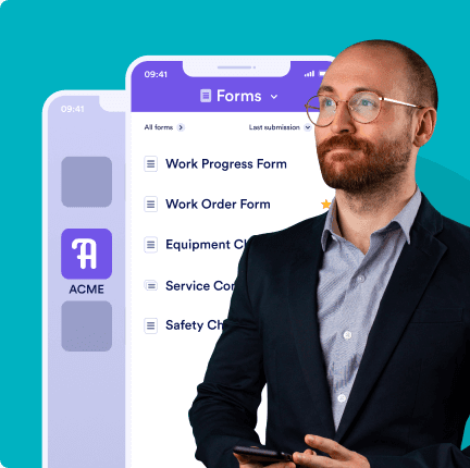 Man portre in front of large app mockup