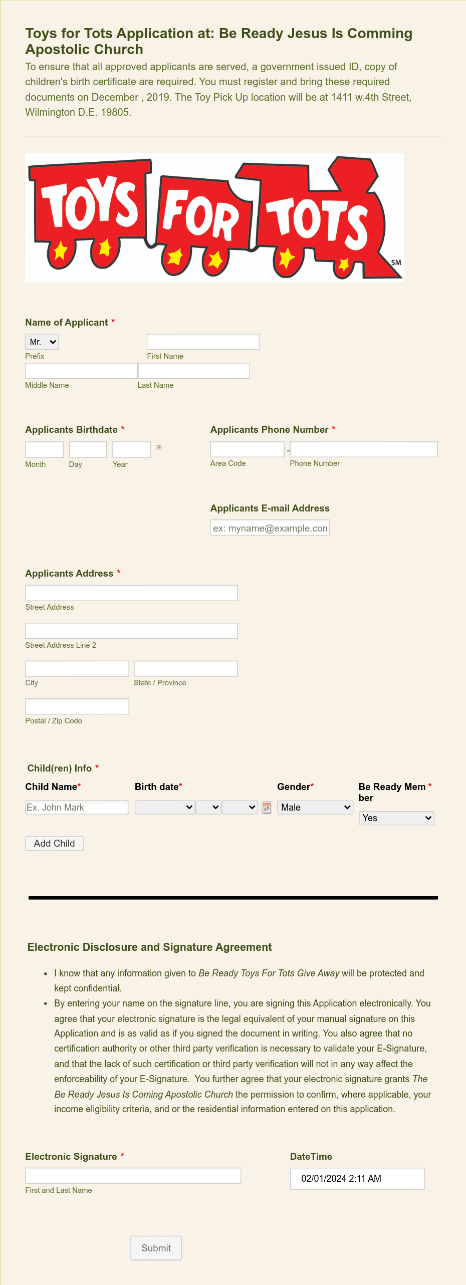 2019 Toys for Tots Application Form Template Jotform