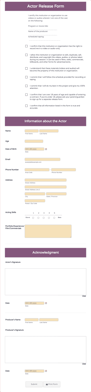 Actor Release Form Template