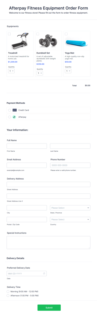 Afterpay Fitness Equipment Order Form Template Jotform