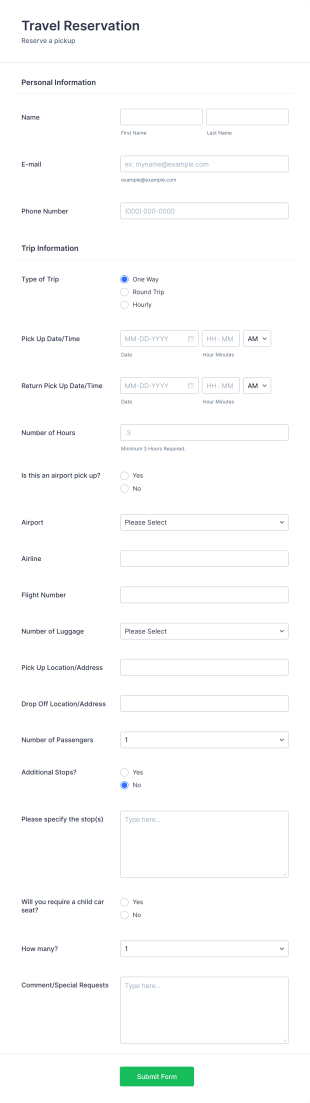 Airport Pickup Reservation Form Template