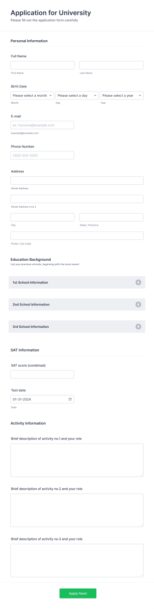 Application For University Form Template