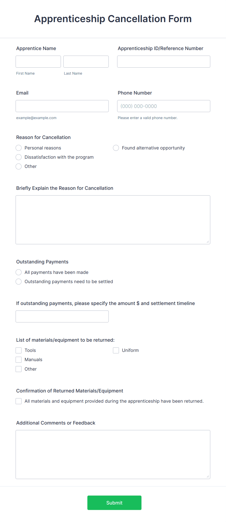 Apprenticeship Cancellation Form Template | Jotform