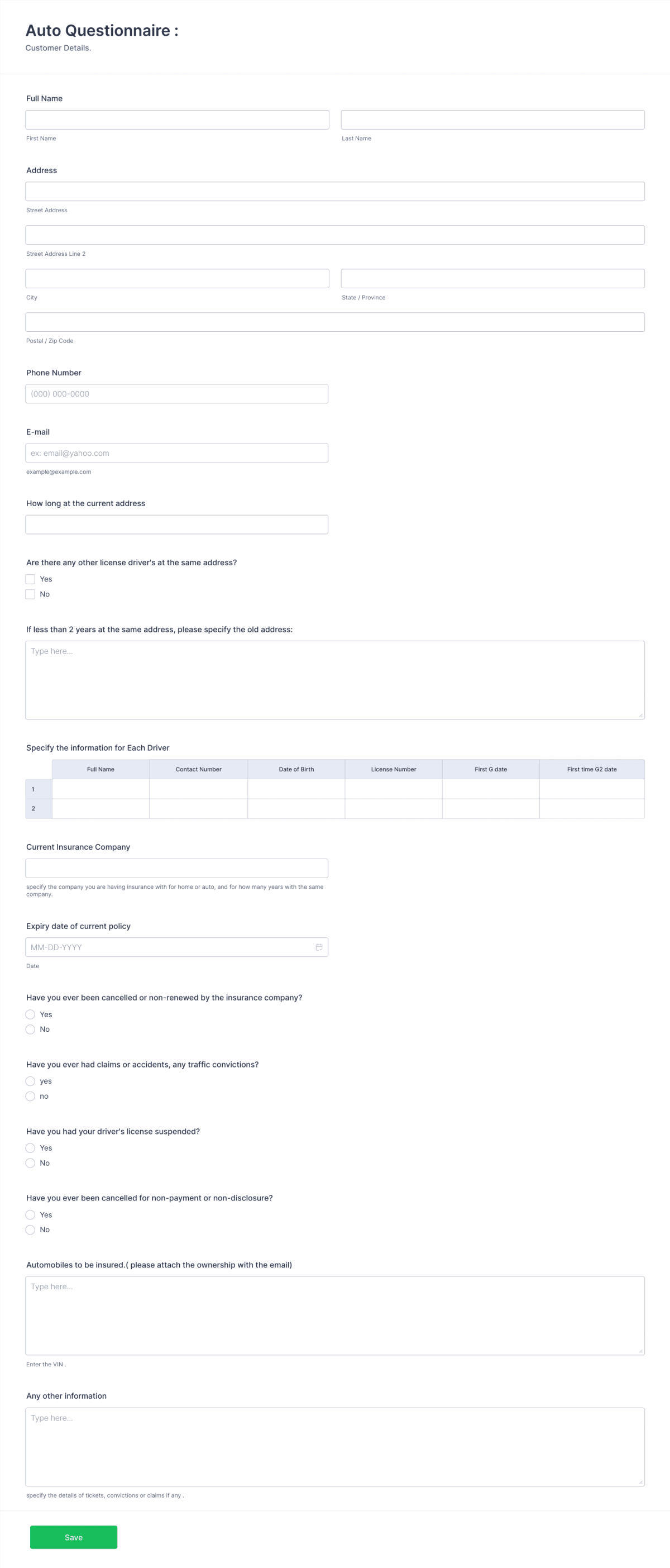 Auto Questionnaire Form Template | Jotform