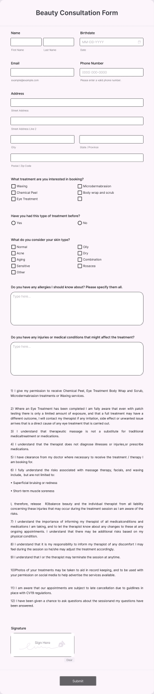 Beauty Consultation Form Template