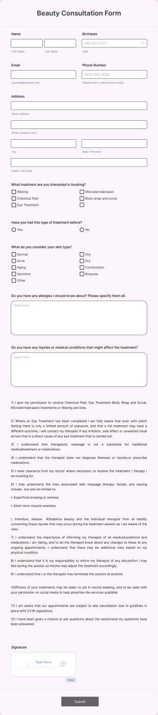 Beauty Consultation Form Template