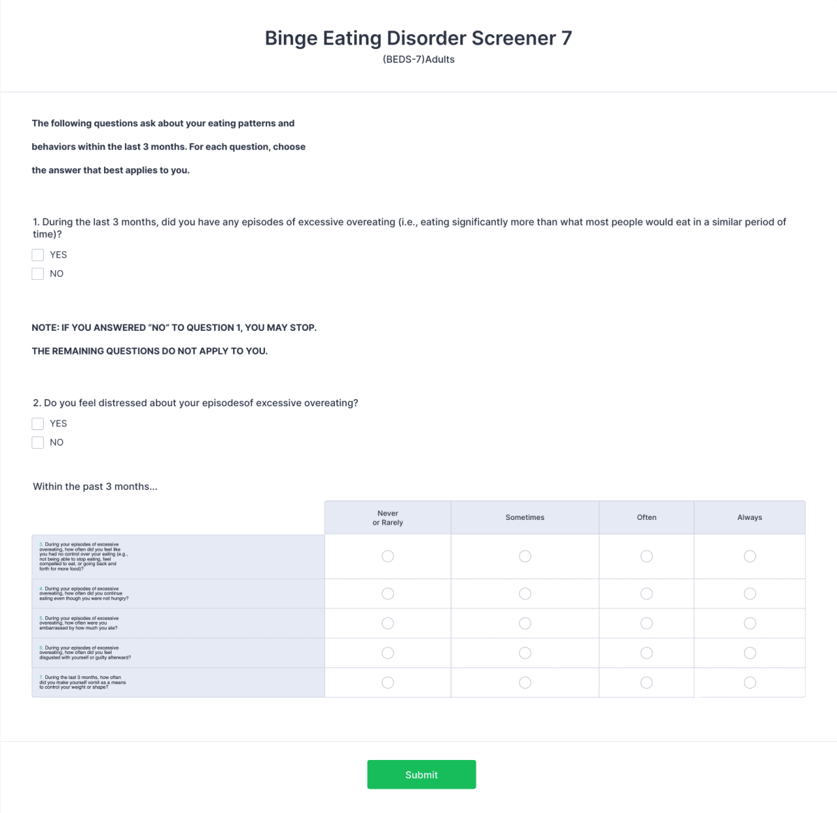 Binge Eating Disorder Screener 7 Form Template | Jotform