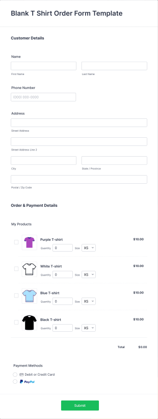 Blank T Shirt Order Form Template
