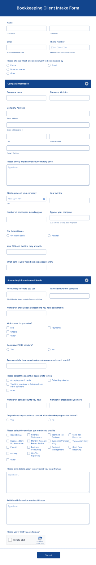Bookkeeping Client Intake Form Template