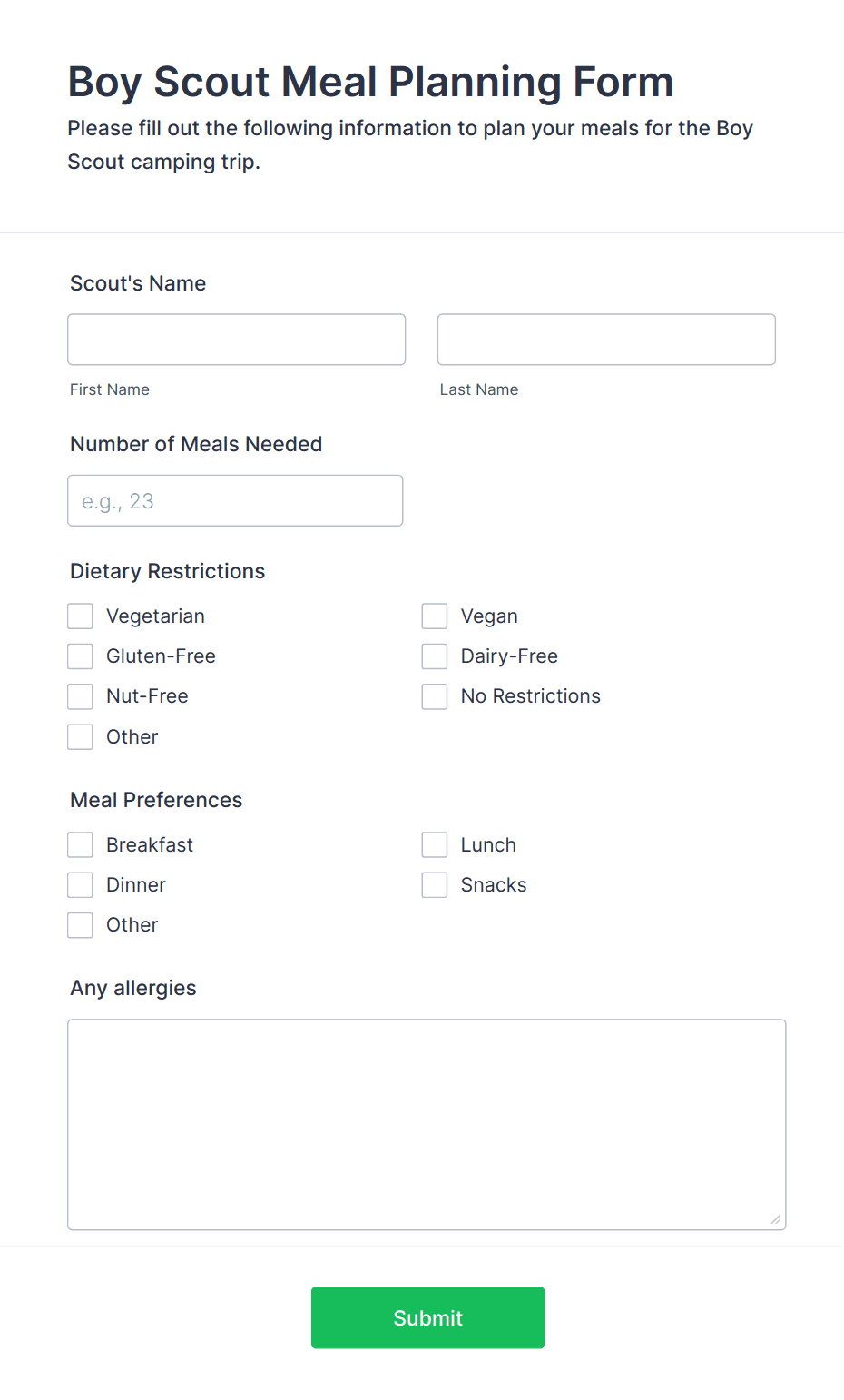 Boy Scout Meal Planning Form Template | Jotform