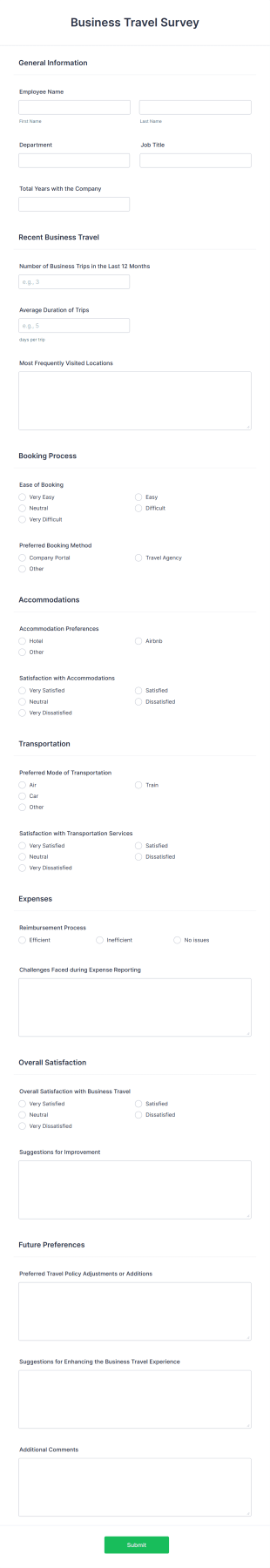 Business Travel Survey Form Template