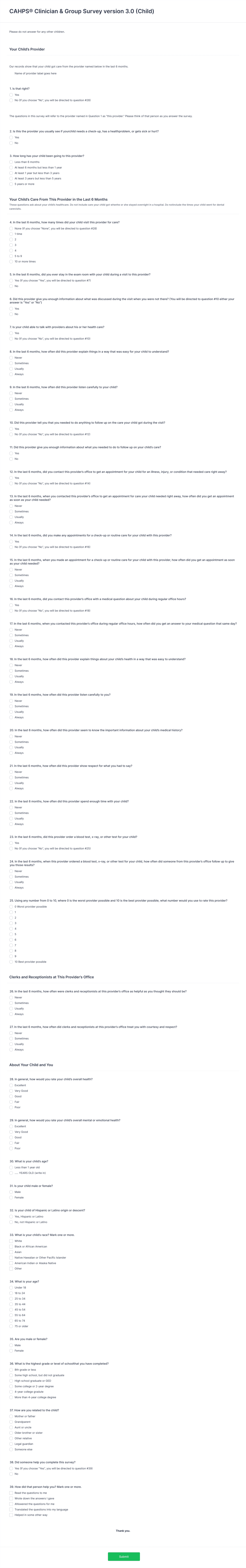 CAHPS Clinician & Group Survey version 3.0 (Child) Form Template | Jotform