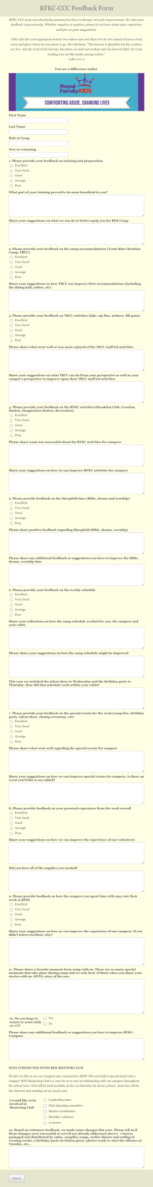 Camp Volunteer Feedback Form Template