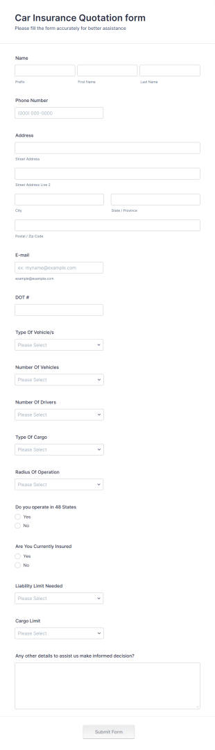 Car Insurance Quotation Form Template