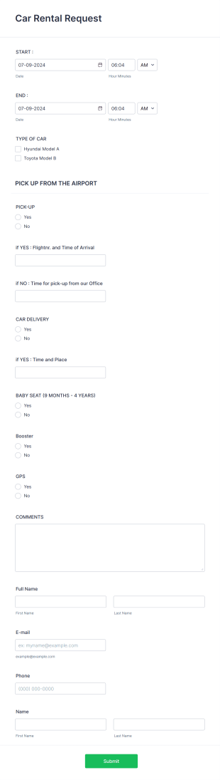 Car Rental Request Form Template