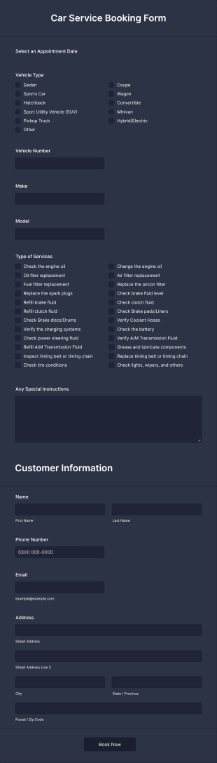 Car Service Booking Form Template