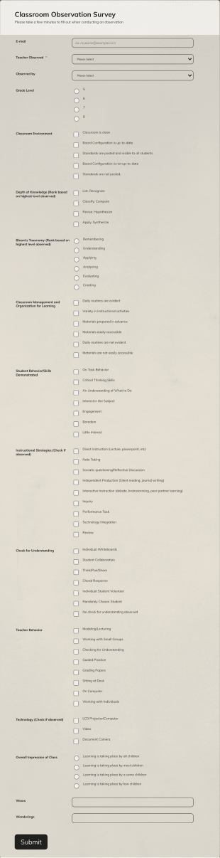 Classroom Observation Survey Form Template