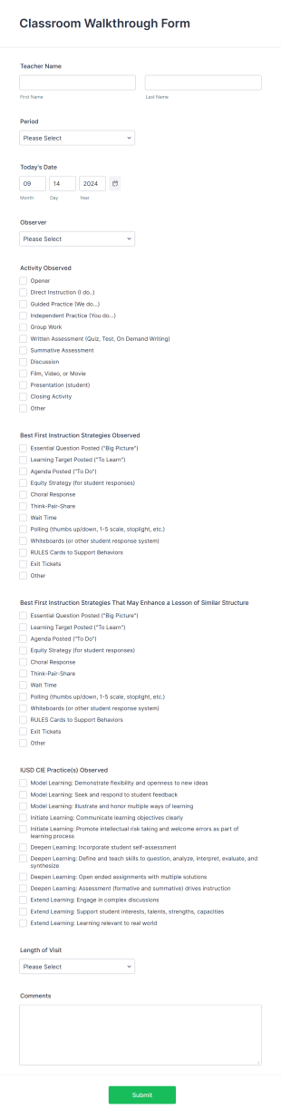 Classroom Walkthrough Template Form Template