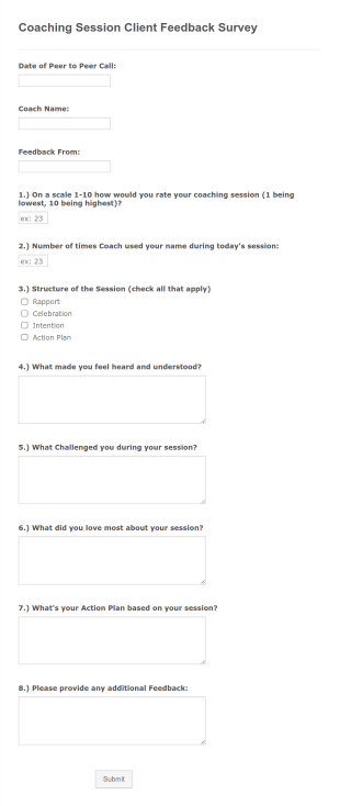 Coaching Session Client Feedback Survey Template Form Template