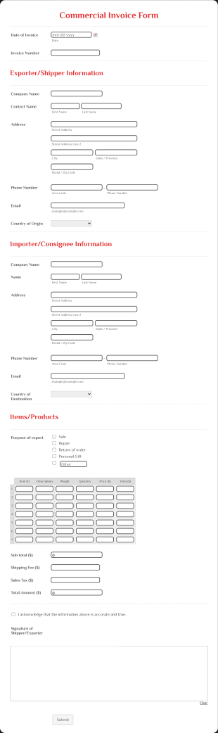 Commercial Invoice Form Template