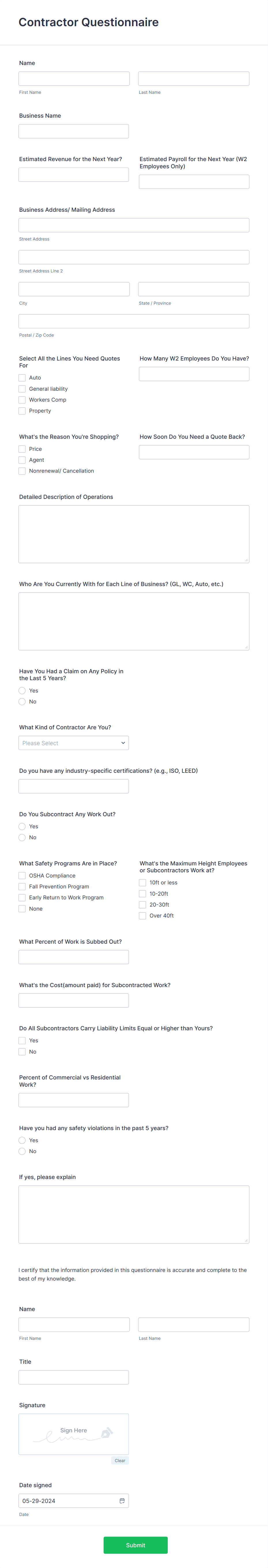 Contractor Questionnaire Form Template | Jotform