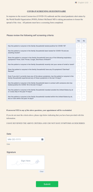 COVID 19 Patient Screening Questionnaire Form Template