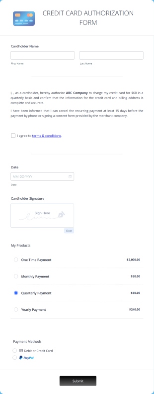 Credit Card Authorization Form Template