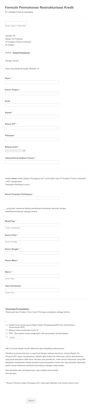 Credit Restructuring Request Form In Indonesian Form Template