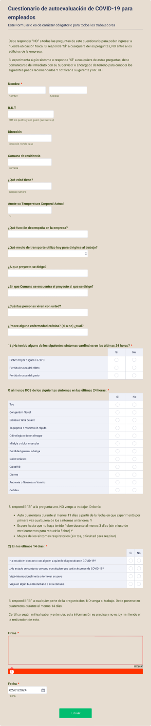 Cuestionario De Autoevaluación De COVID 19 Para Empleados N°3 Form Template