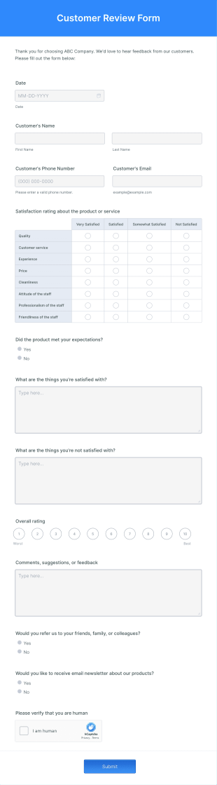 Customer Review Form Template