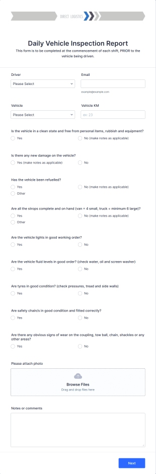 Daily Vehicle Inspection Report Form Template