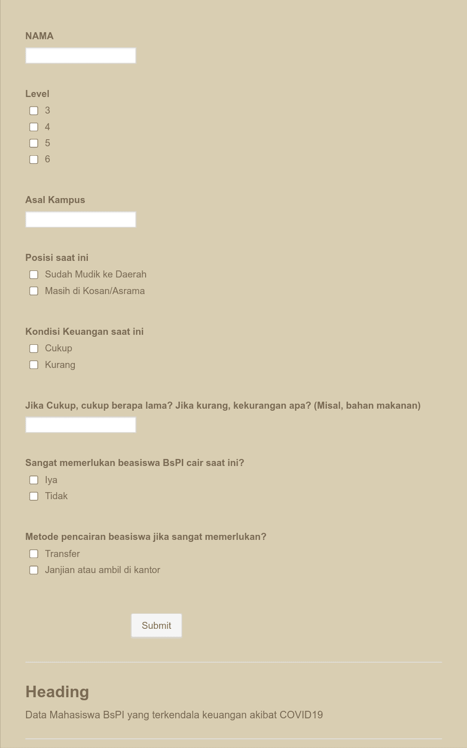 Data Beasiswa BsPI Untuk Yang Terdampak Covid19 Template Formulir | Jotform