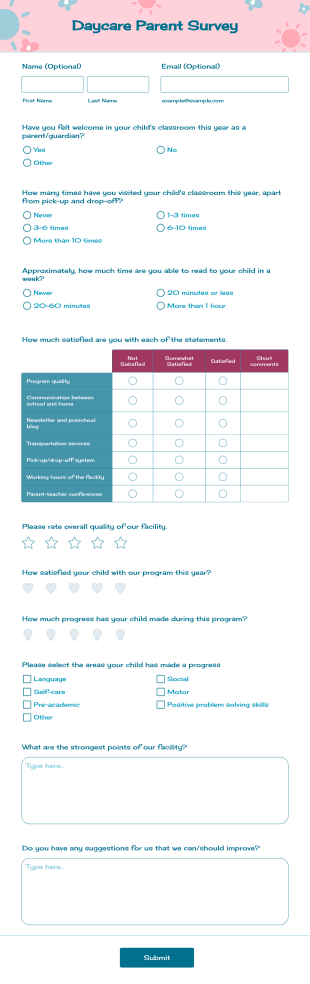 Daycare Parent Survey Form Template