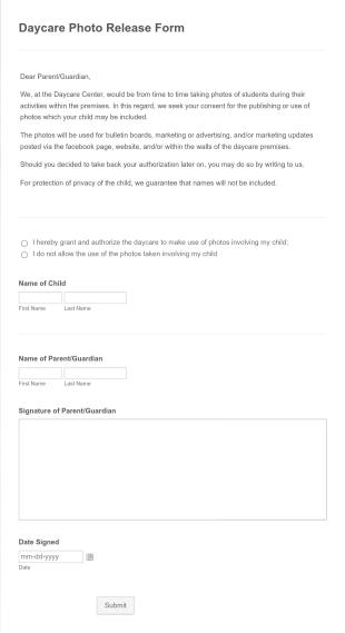 Daycare Photo Release Form Template