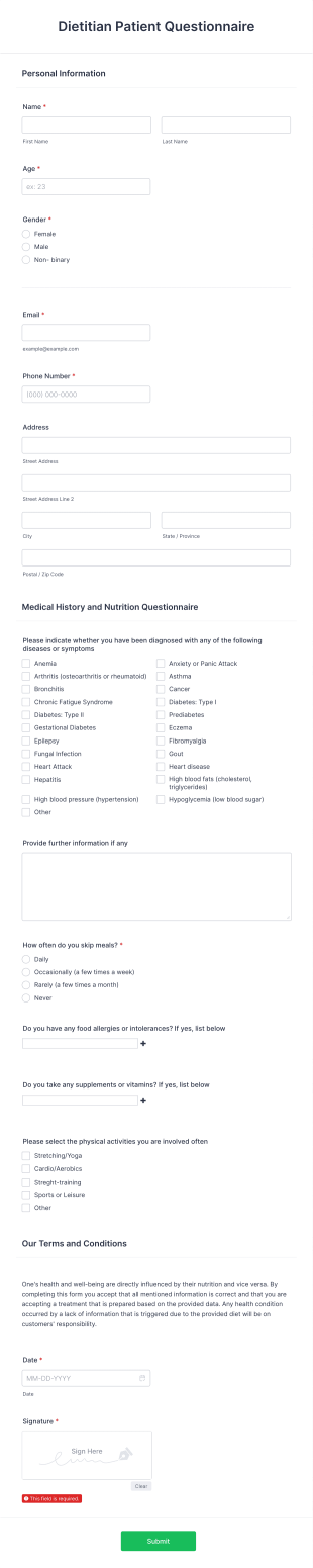 Dietitian Patient Questionnaire Form Template