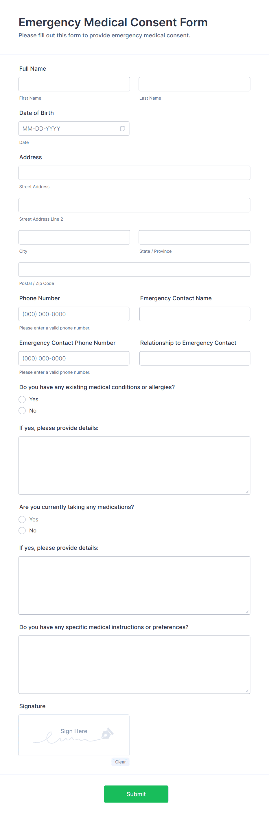 Emergency Medical Consent Form Template | Jotform