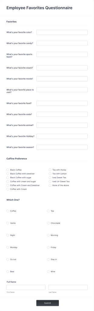 Employee Favorites Questionnaire Form Template