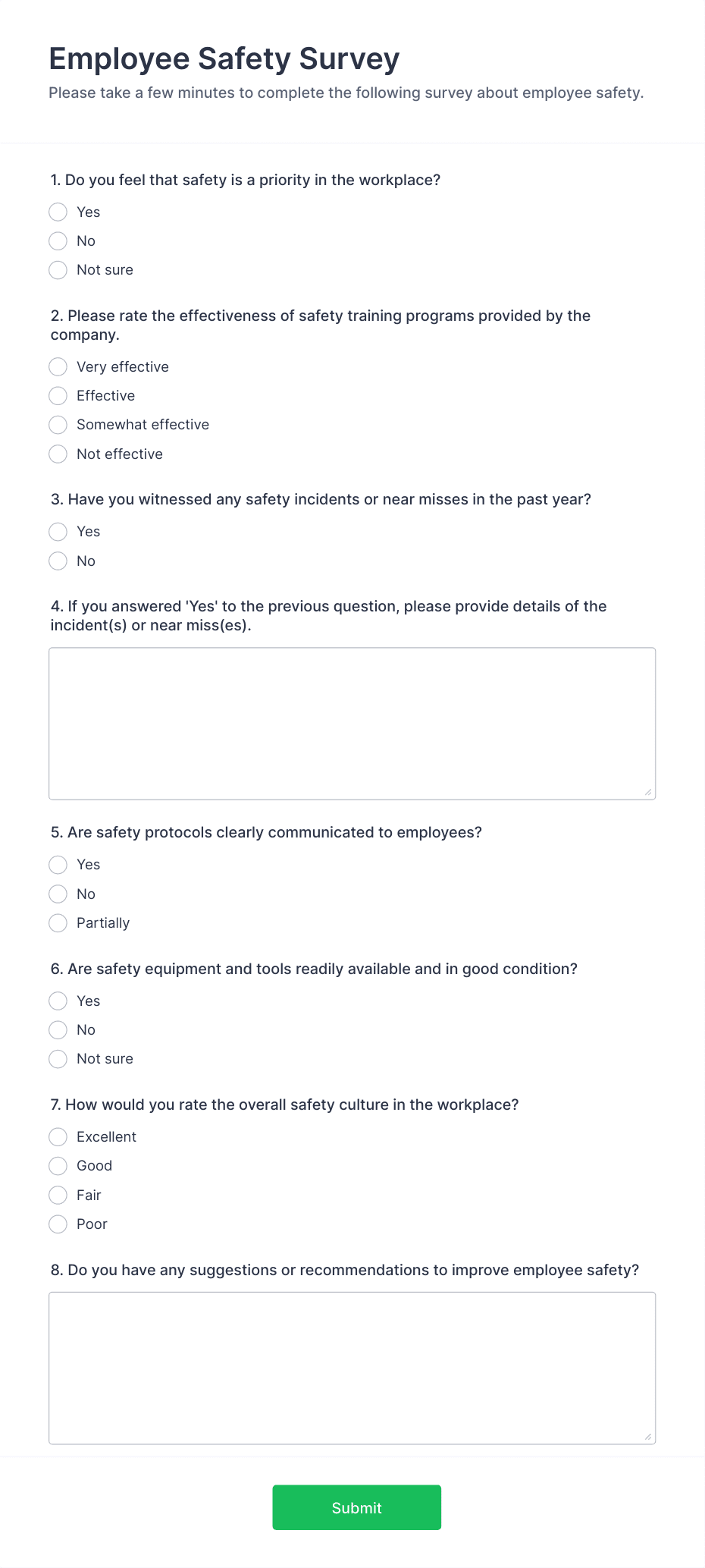 Employee Safety Survey Form Template | Jotform