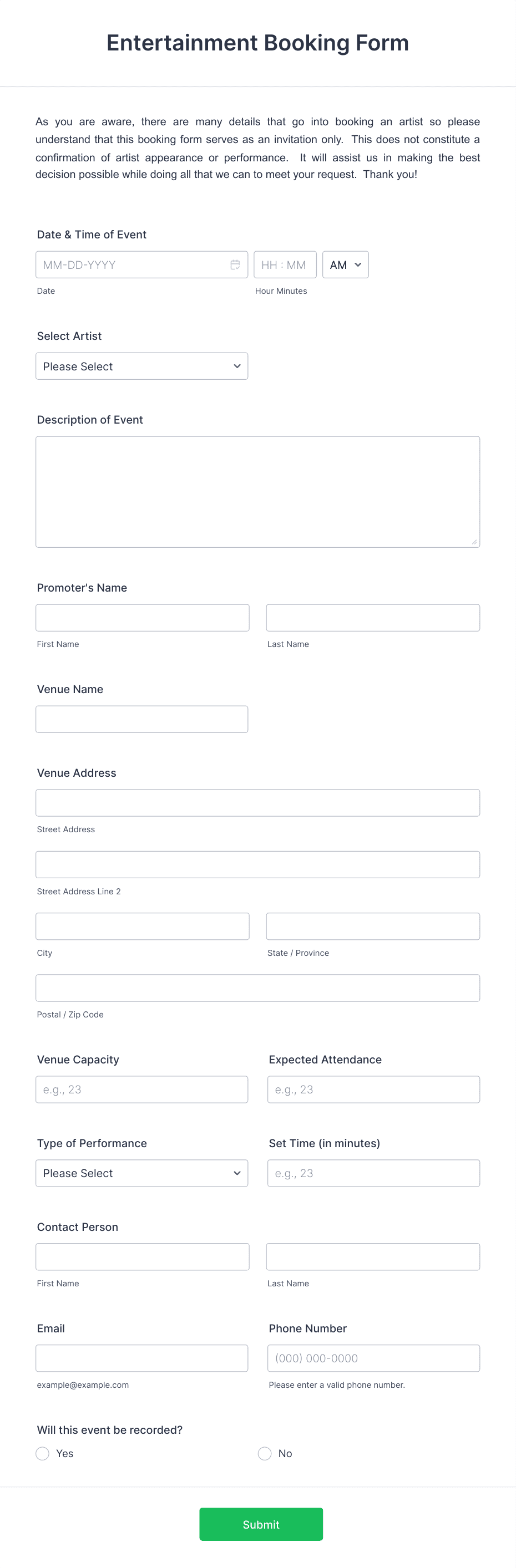 Entertainment Booking Form Template | Jotform