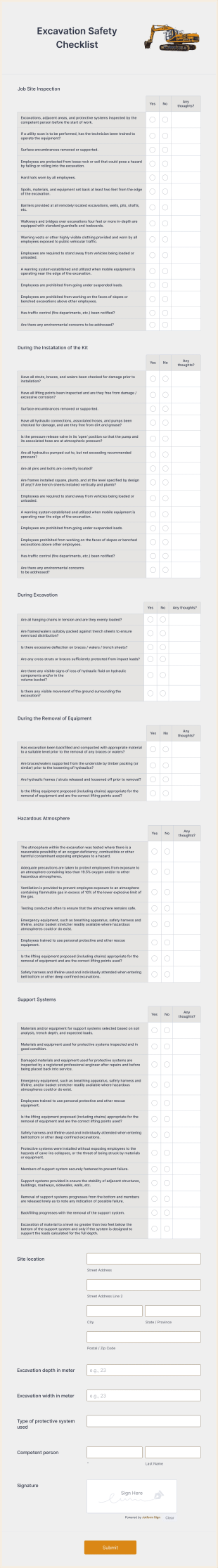 Excavation Safety Checklist Form Template