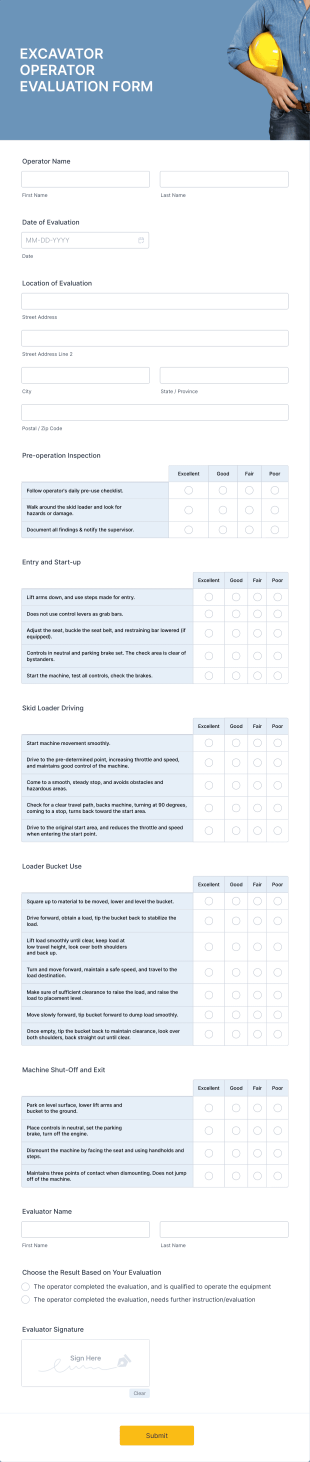 Excavator Operator Evaluation Form Template