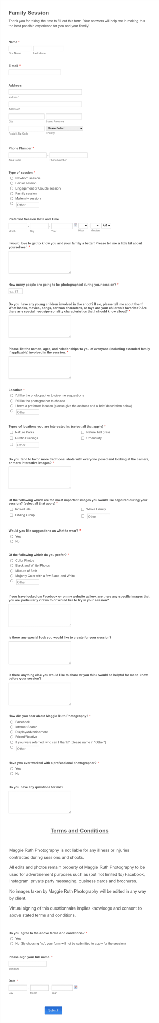 Family Photograph Session Questionnaire Form Template