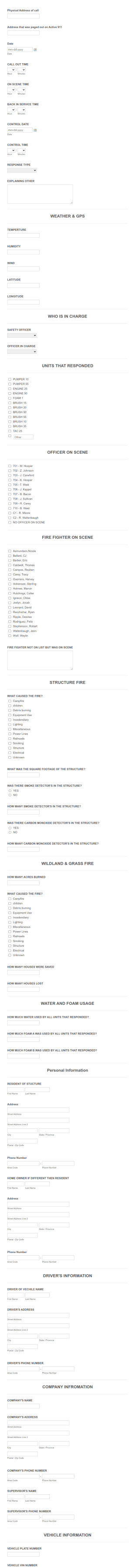 Fire Call Report Sheet Form Template