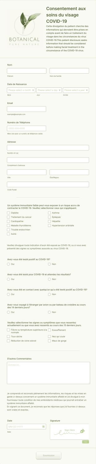 Formulaire De Consentement Aux Soins Du Visage COVID 19 Form Template