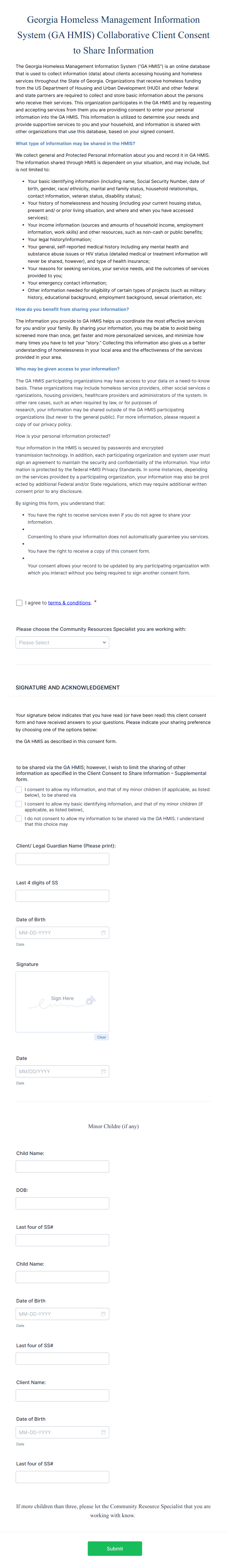 GA HMIS Client Consent to Share Form Template | Jotform