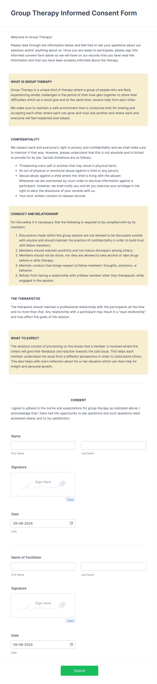 Group Therapy Informed Consent Form Template