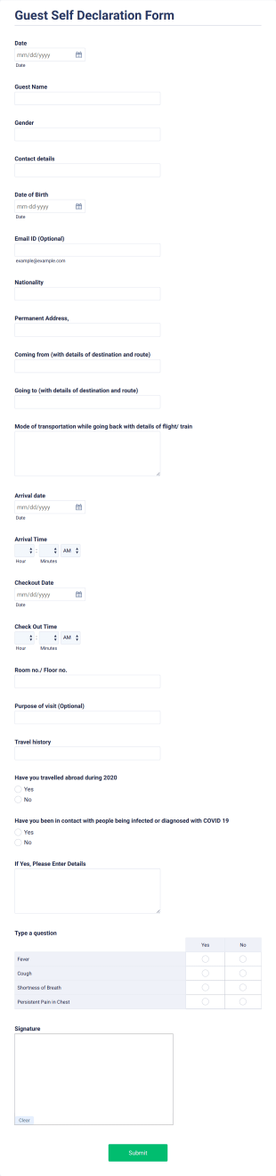 Guest Self Declaration Form COVID 19 Form Template