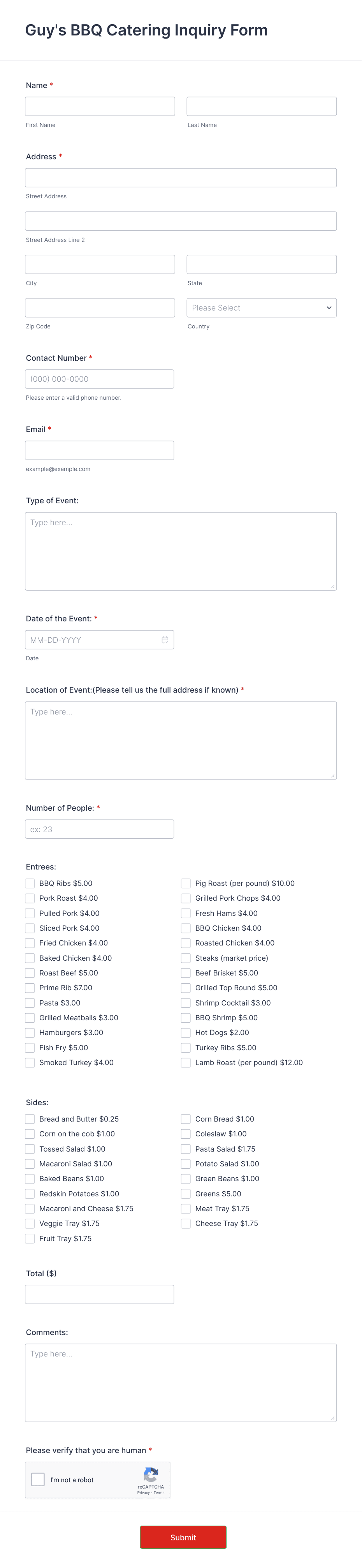 Guy's BBQ Catering Inquiry Form Template | Jotform