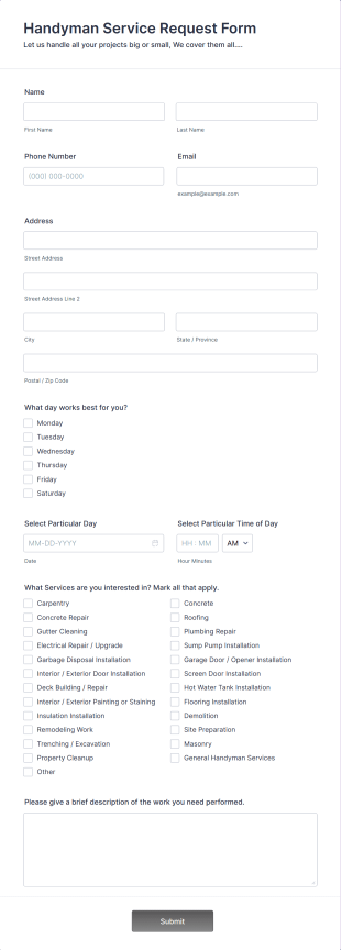 Handyman Service Request Form Template