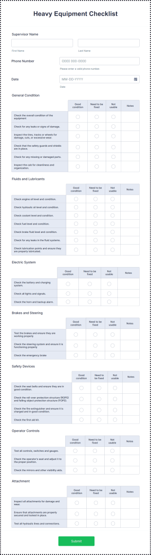 Heavy Equipment Checklist Form Template